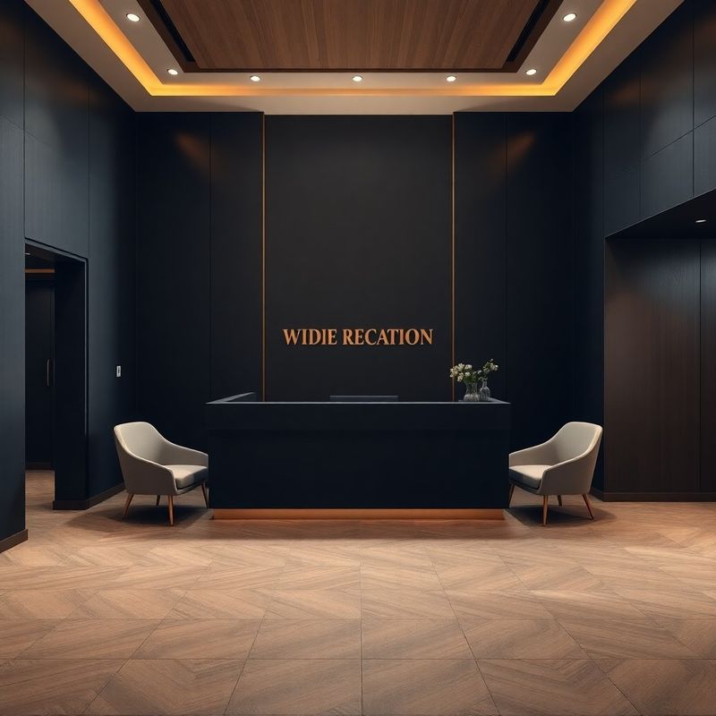 Recepție minimalistă a biroului Nou Studio din Galați, cu pereți antracit și lumină naturală caldă