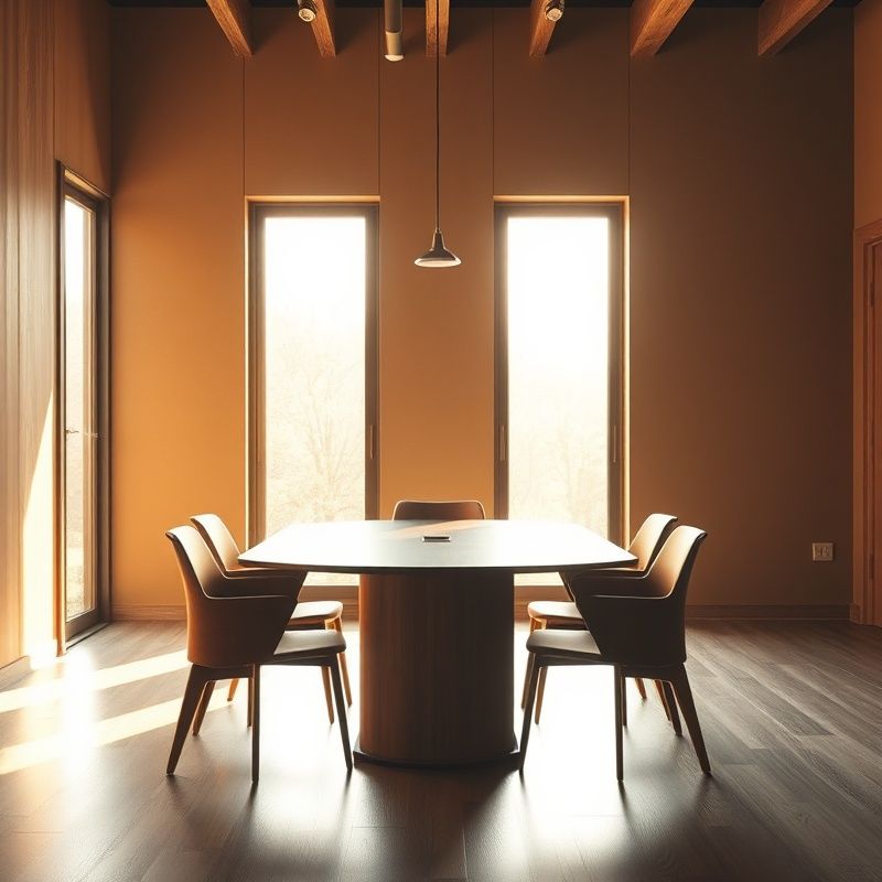 Masă de întâlnire într-un birou minimalist cu tonuri de cărbune și auriu, lumină caldă de după-amiază